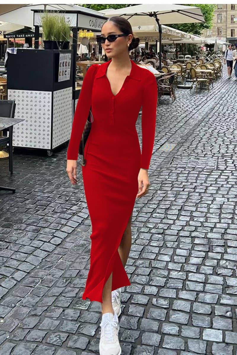 CWDMD4903_SLIM FIT POLO NECK RIBBED LONG SLEEVE SLIT DRESS