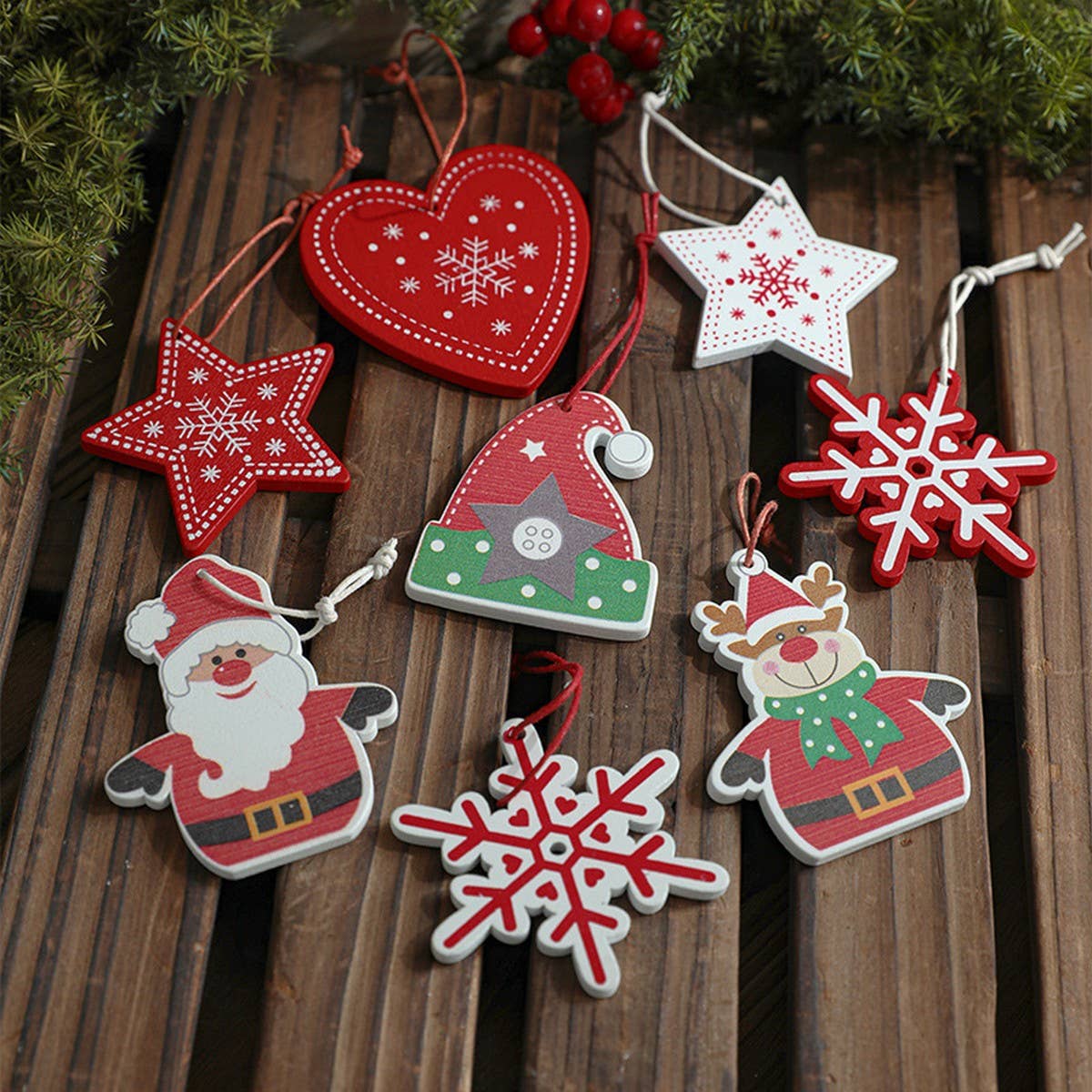 Colorful Wooden Santa Snowflake Tree Ornament