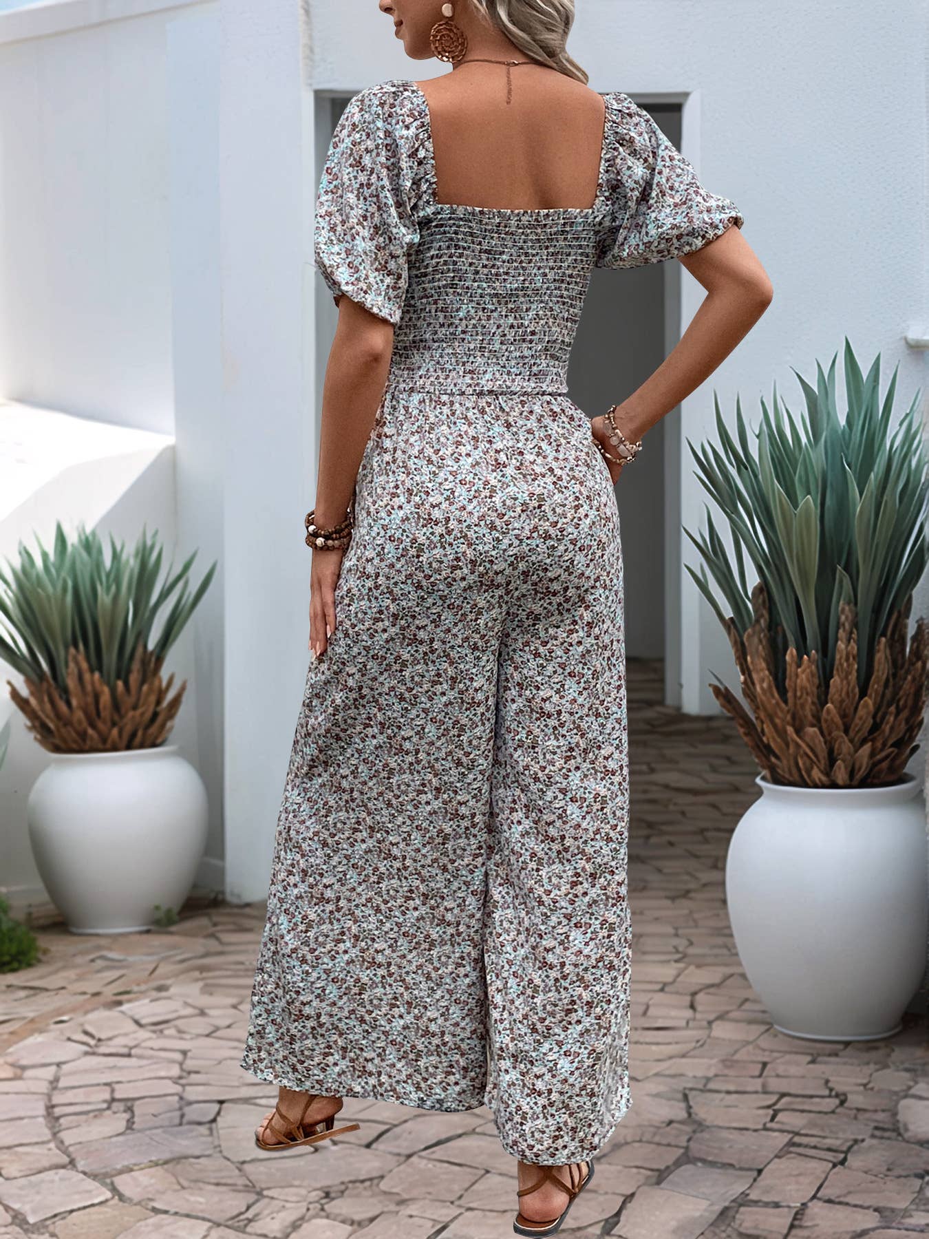 Puffy sleeves slim tight floral print jumpsuit