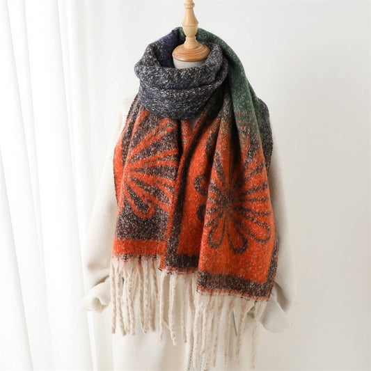 Vintage Floral Gradient Fringe Scarf for Winter