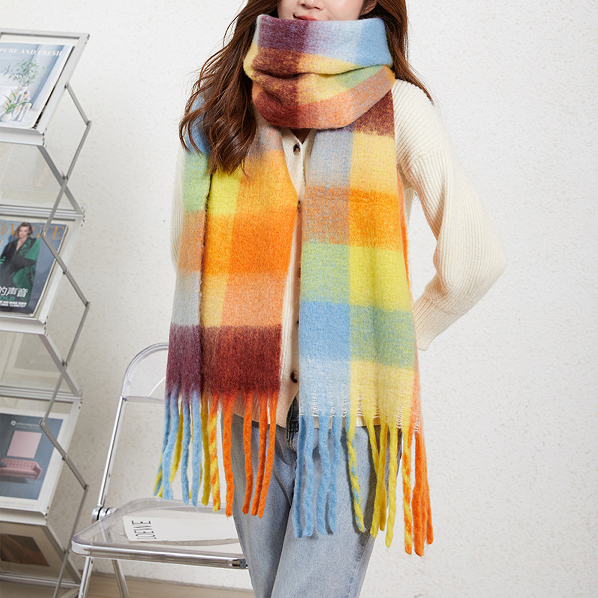 Faux Cashmere Plaid Scarf ? Thick Fringed Wrap