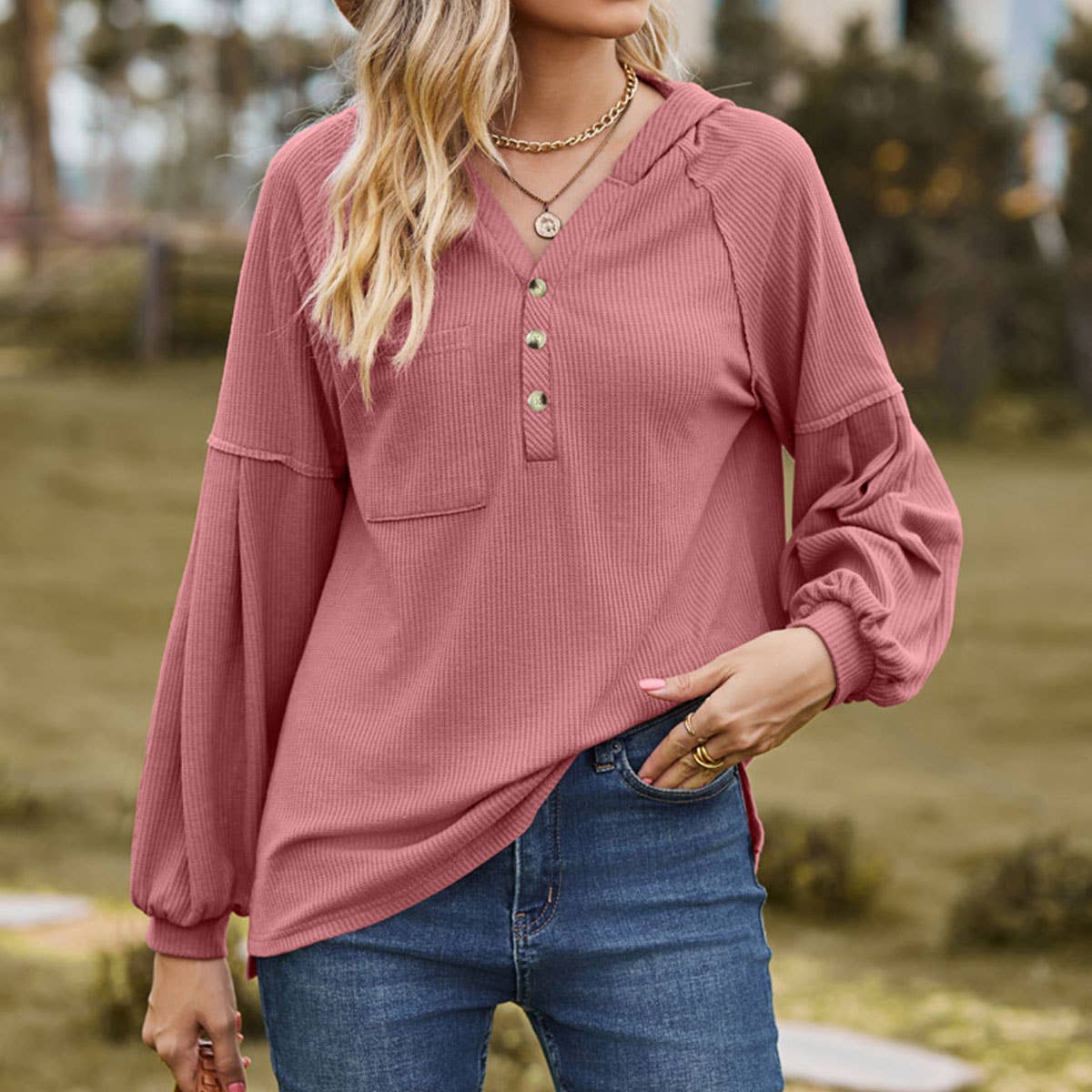 WAFFLE HOODIE WITH HOODED BUTTONS AND LONG SLEEVE