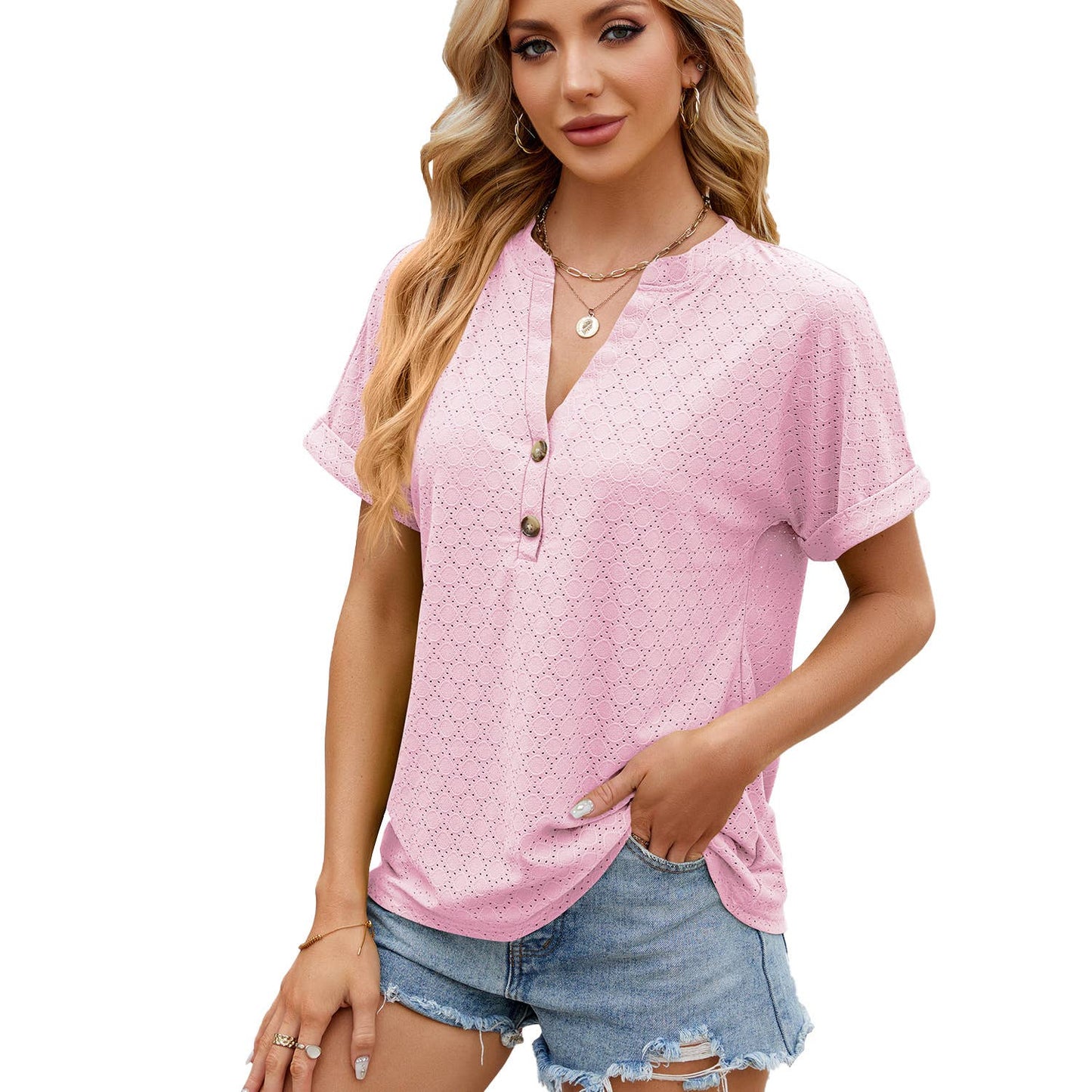 Solid color V-neck loose short-sleeved T-shirt