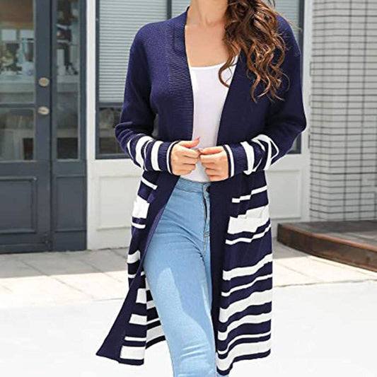 STRIPED LOOSE MID-LENGTH KNIT CARDIGAN COAT