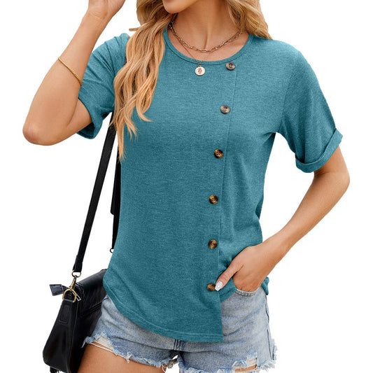 ROUND COLLAR BUTTON IRREGULAR HEM T SHIRT_CWTSTS0147