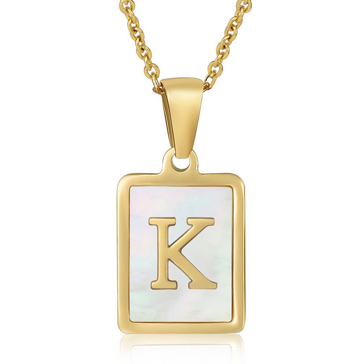 CWAJE1917_Square Stainless Steel White Shell Letter Necklace