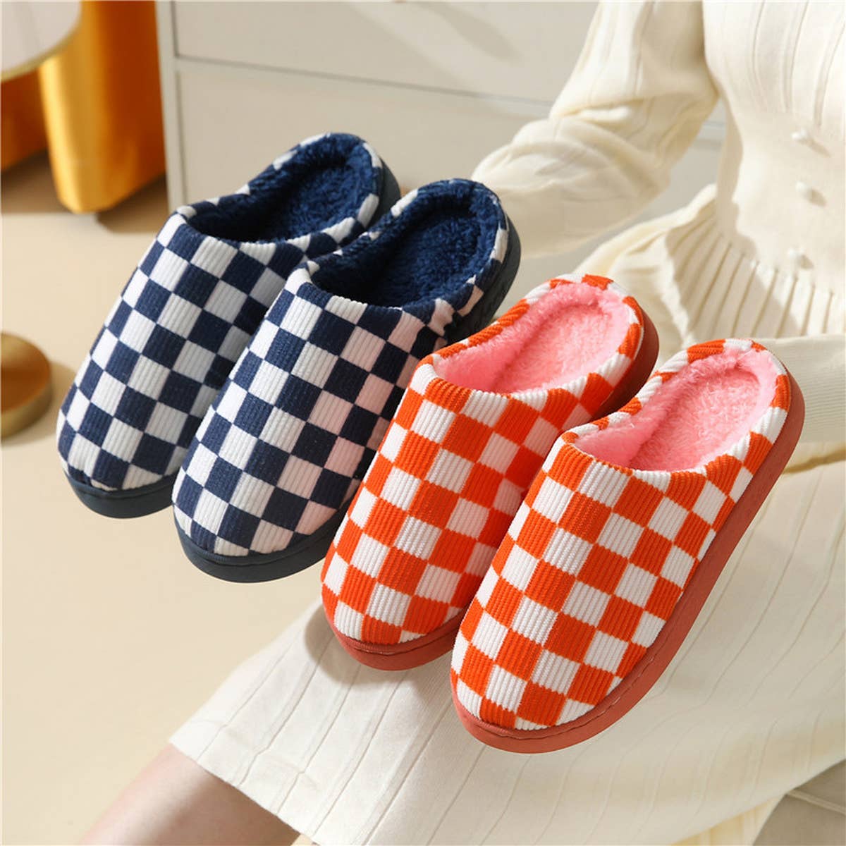 HOUSEHOLD SIMPLE CHECKERED COTTON SLIPPERS_CWSHS0332