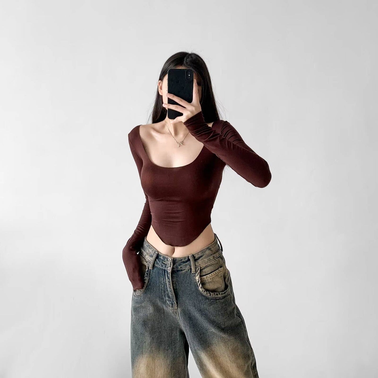 Sexy low-cut,light,short long-sleeved base layer