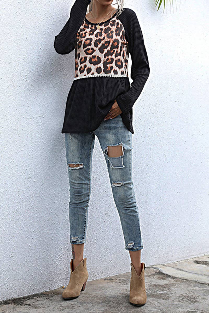 Casual leopard print patchwork T-shirt_cwtbll1763