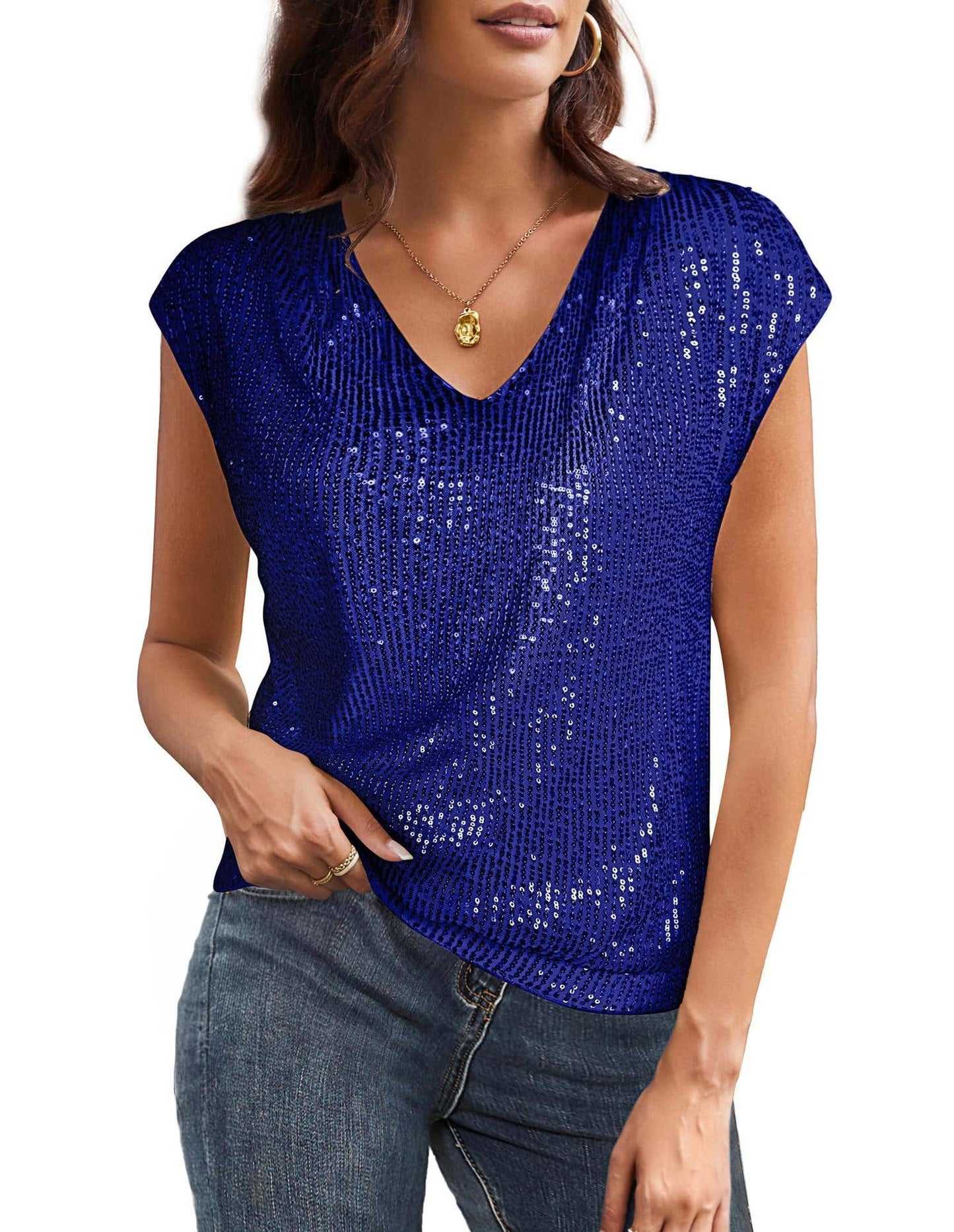 V-neck sequined short-sleeved slim-fit top