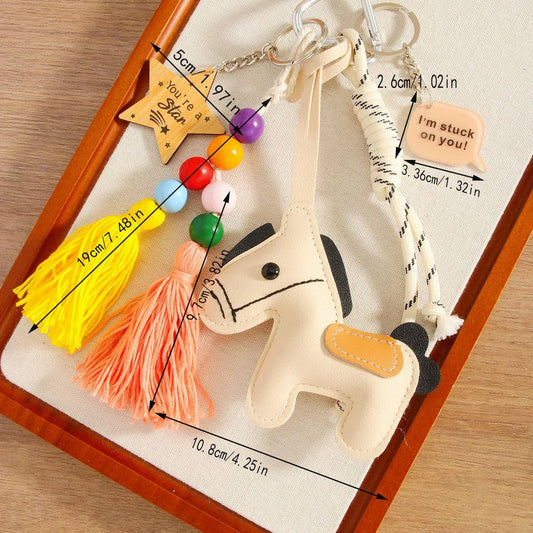 Cream PU Pony Tassel Star Bag Charm Keychain