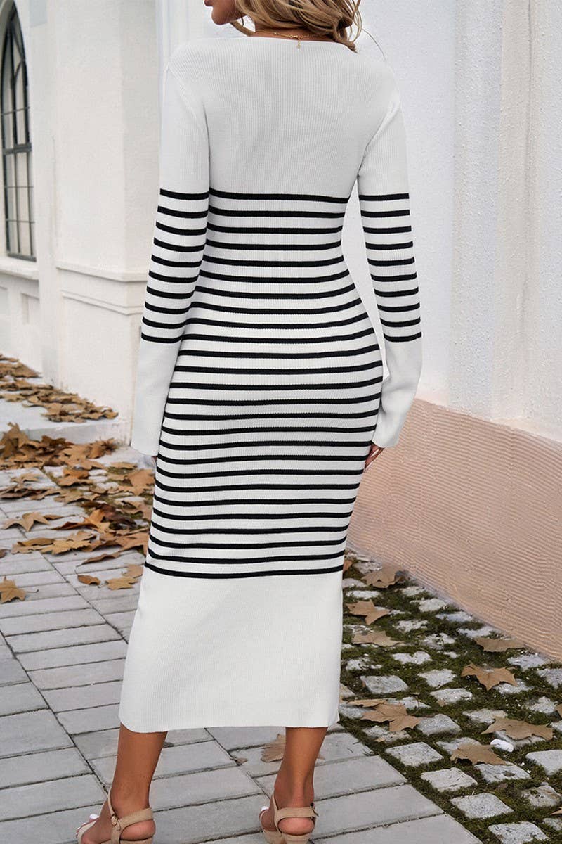 CWDMD3309_SLIM FIT V NECK CONTRAST STRIPED SWEATER DRESS
