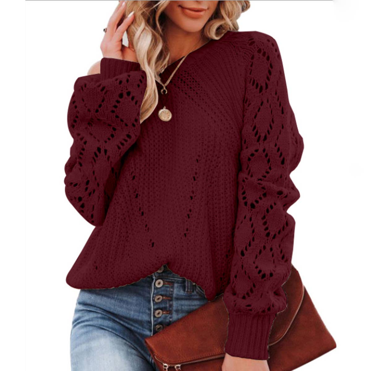 HOLLOW-OUT PATTERN SOLID COLOR CREW NECK SWEATER