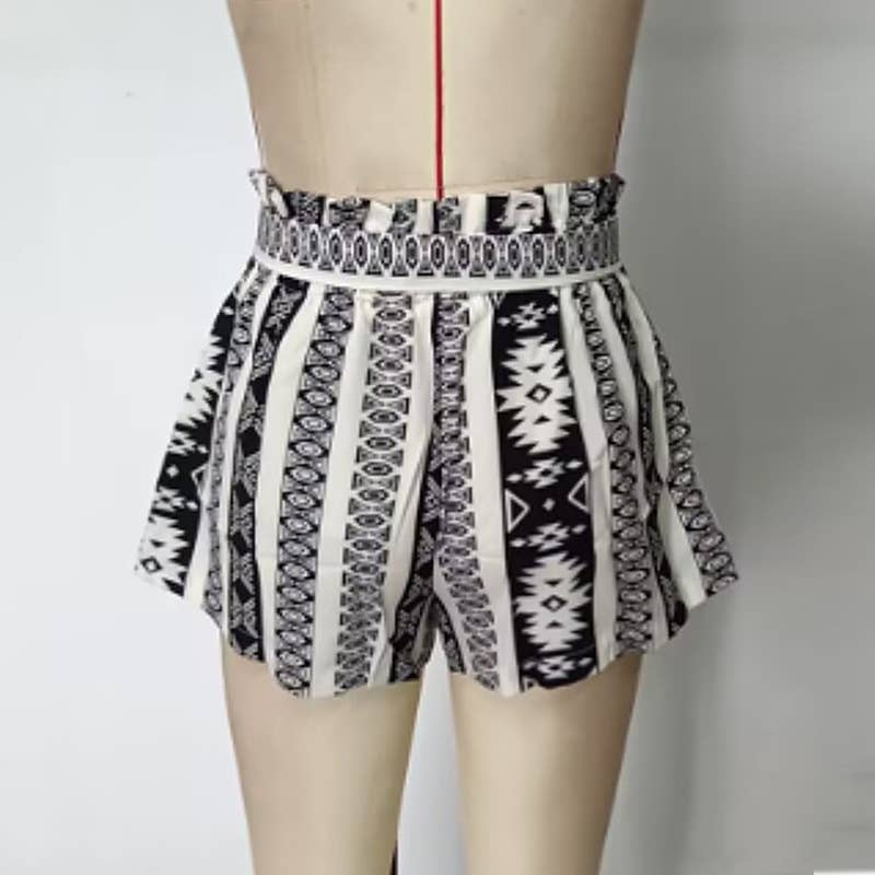 Printed High Waist Belted Slim Fit Casual Shorts