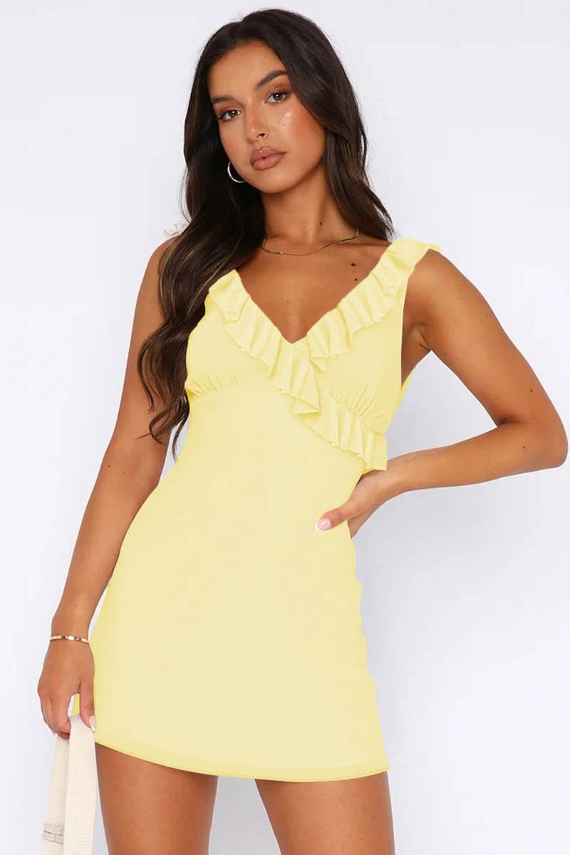 CWDSD7270_V-NECK PLEATED RUFFLE SLEEVELESS DRESS