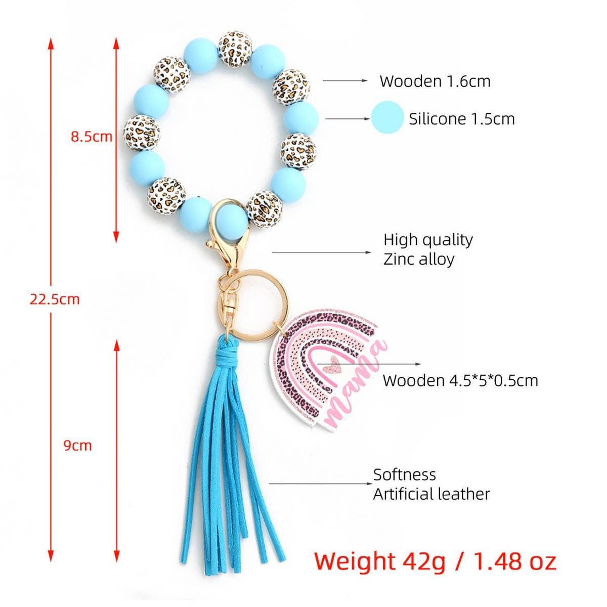 Leopard Wood Bead Bracelet Heart Keychain_CWAB5075