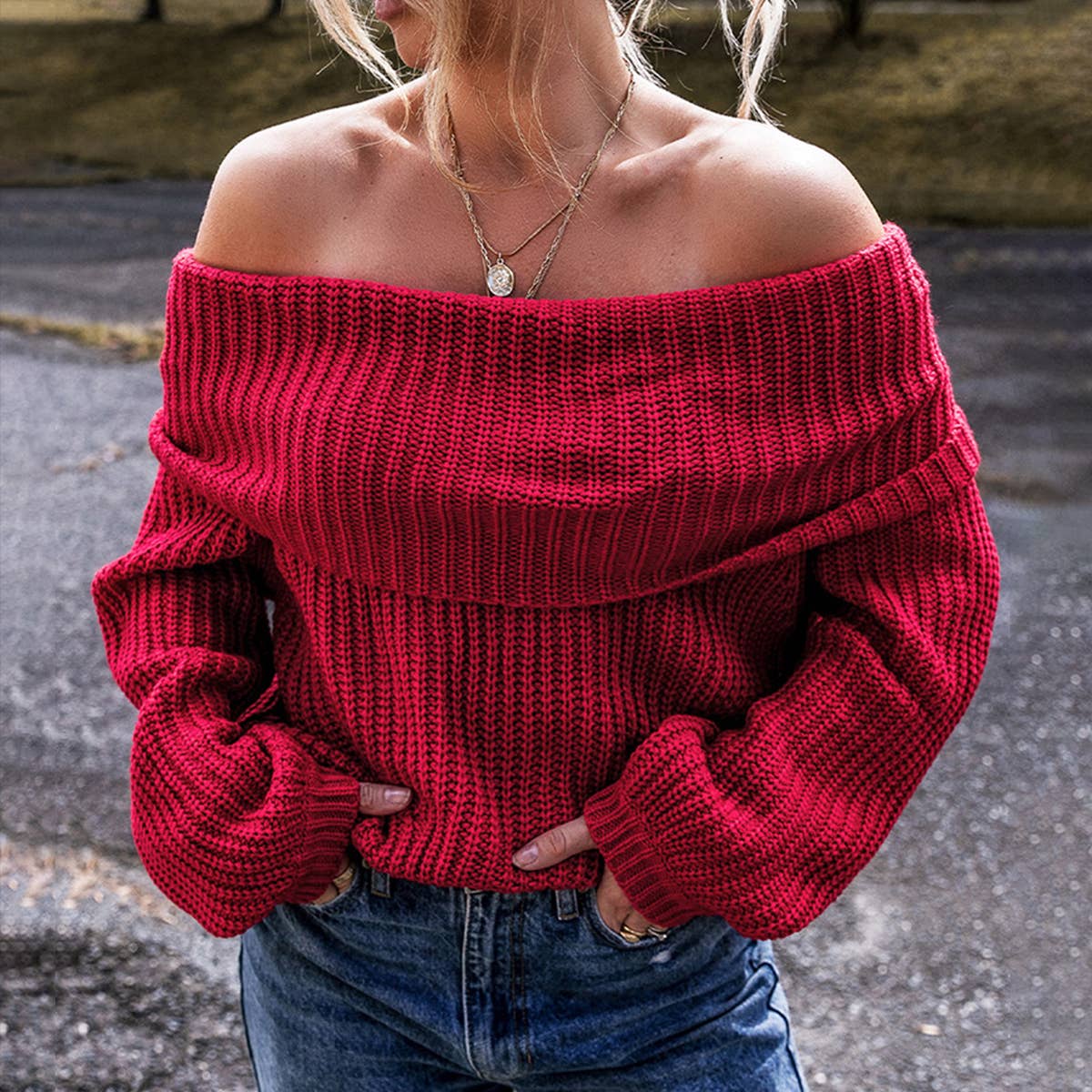 TREND LOOSE SOLID COLOR OFF-THE-SHOULDER SWEATER