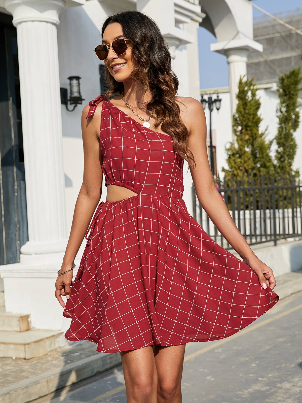 PLAID HOLLOWED-OUT DRESS WITH SLOPING SHOULDERS