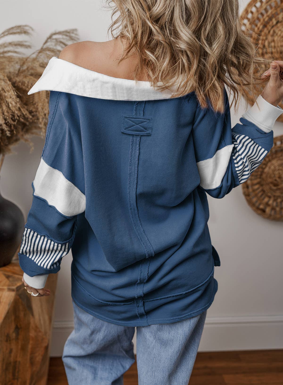 Deep V-Neck Striped And Colored-Color Hoodie