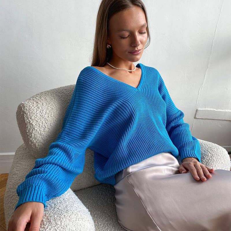 SLOUCHY SOLID COLOR V-NECK PULLOVER SWEATER LADY