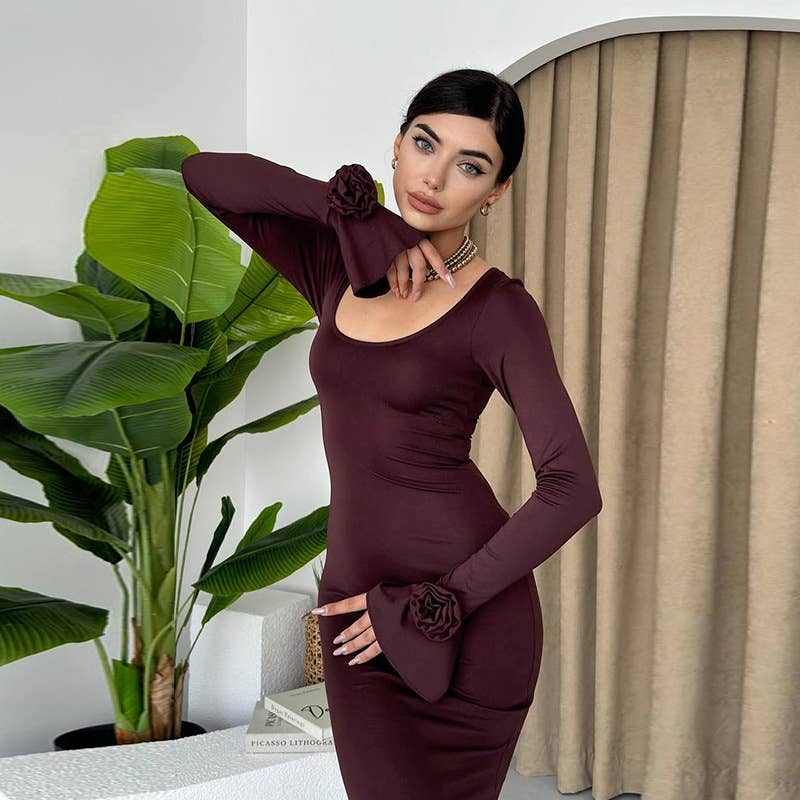 ELEGANT CREW-NECK ROSE LONG-SLEEVED DRESS