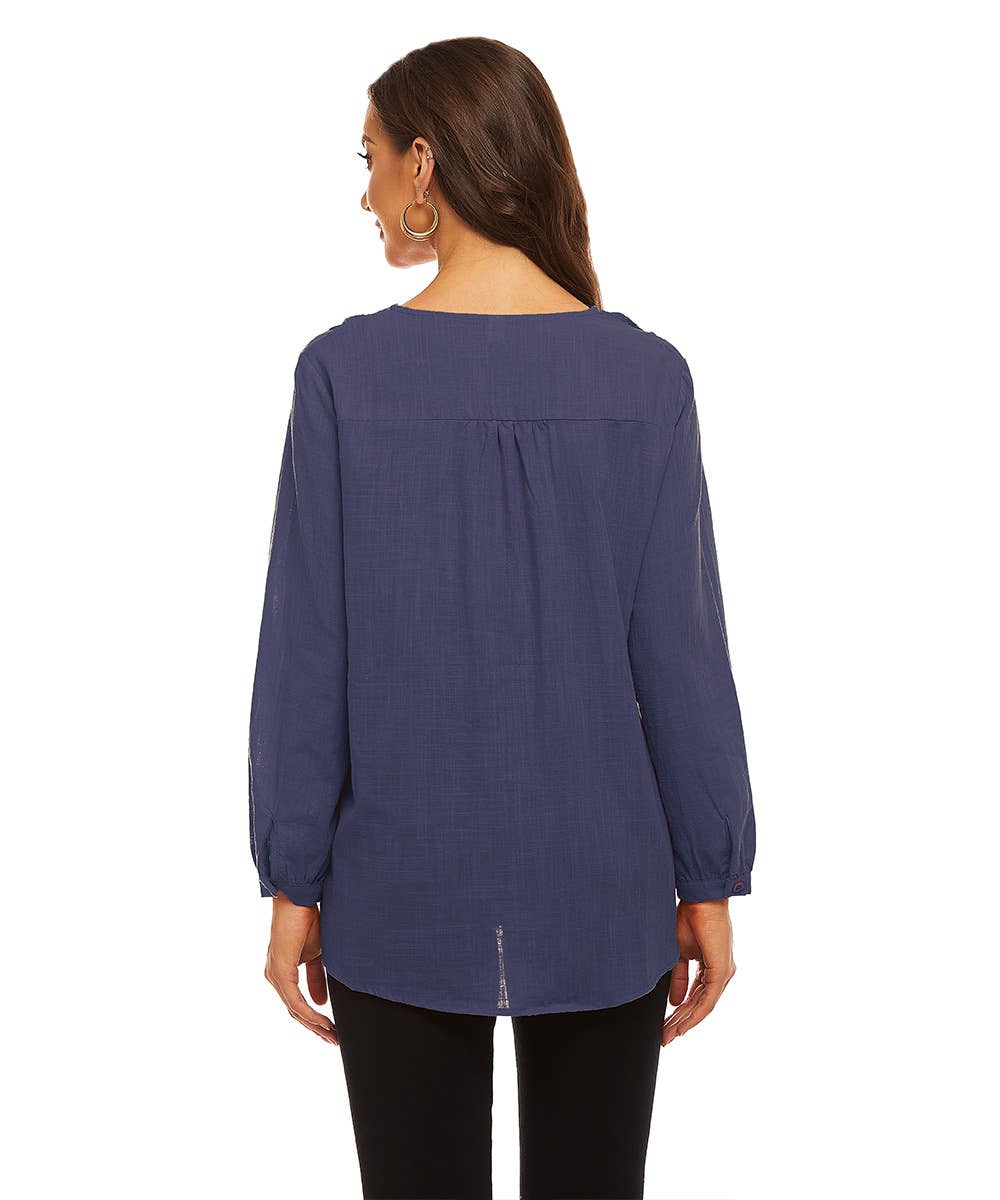 SOLID COLOR V-NECK COTTON LINEN LOOSE CASUAL TOP
