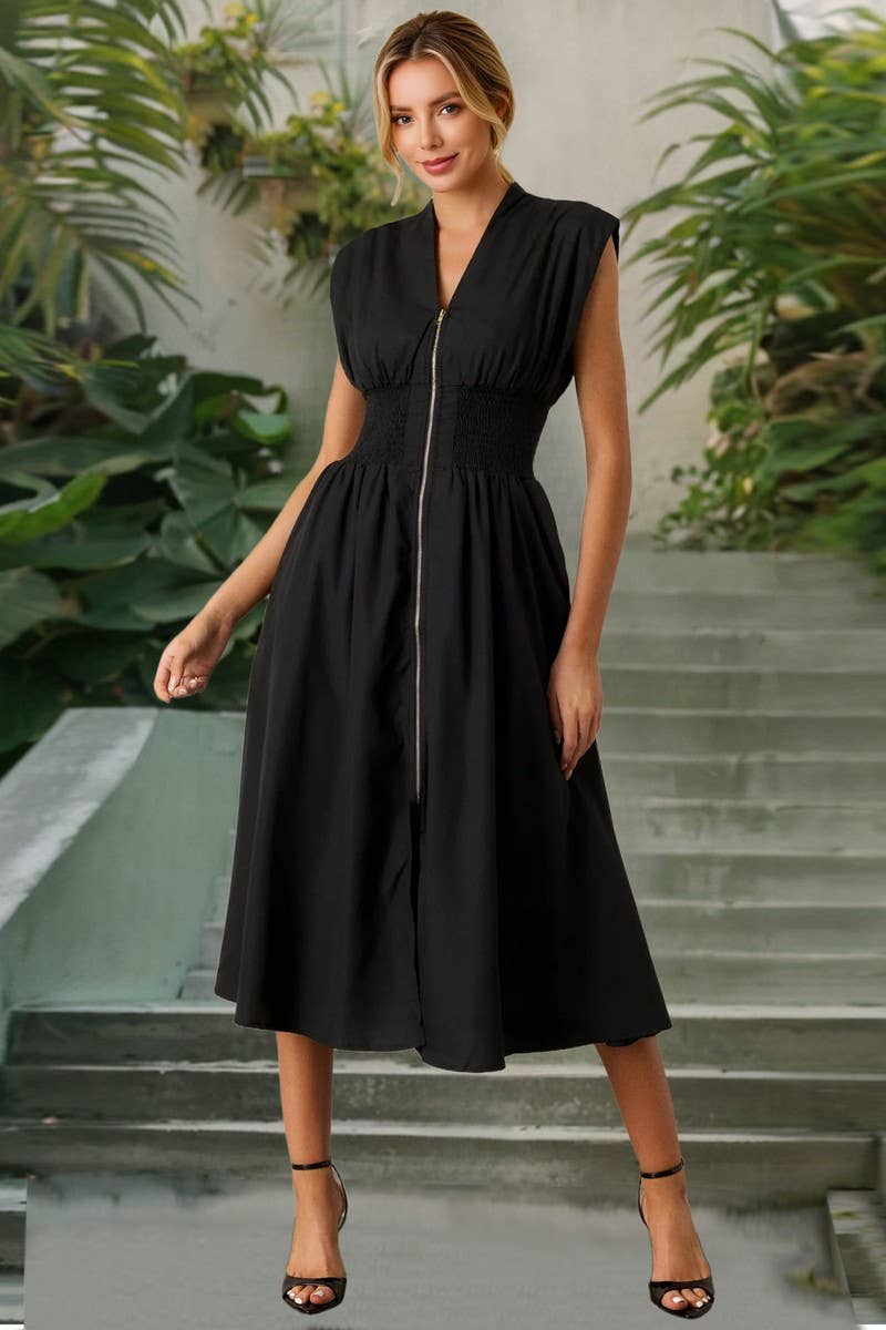 CWDMD6125_SOLID RUCHED ZIP FRONT V-NECK DRESS