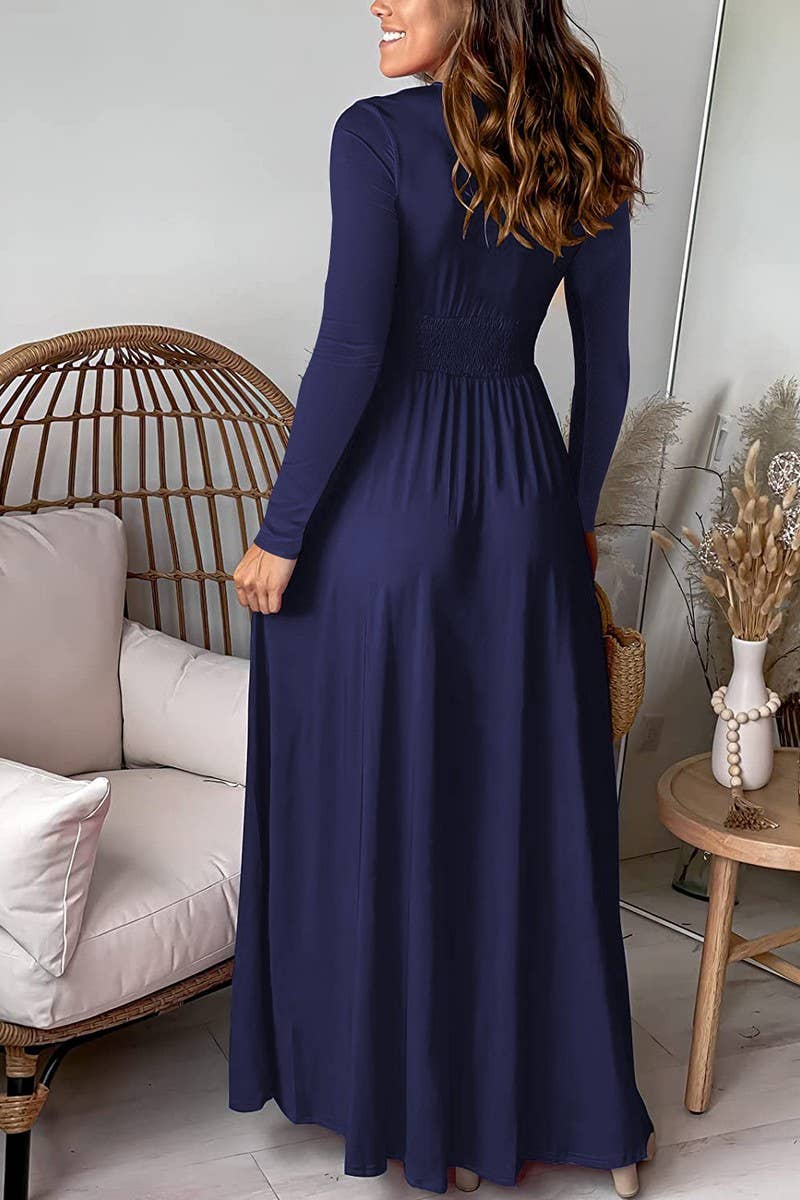 CWDMD5880_DEEP V RUCHED LONG SLEEVE SPLIT MAXI DRESS