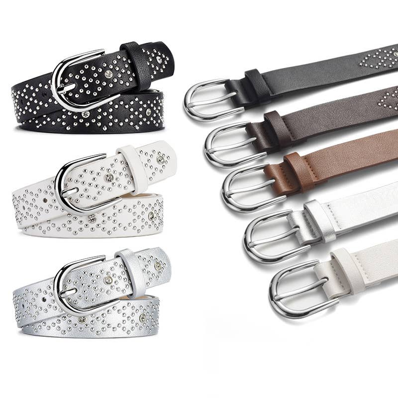 Pink-buckle diamond-encrusted PU belt