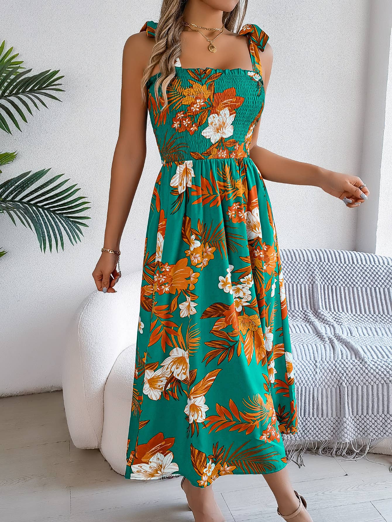 Printed lace-up halter dress Holiday beach dress