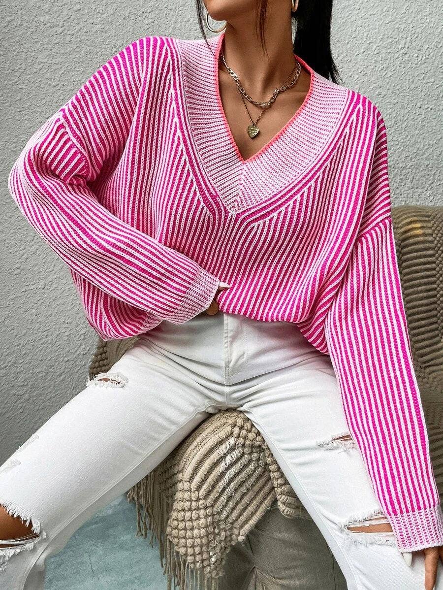 V-neck loose striped batsleeved sweater
