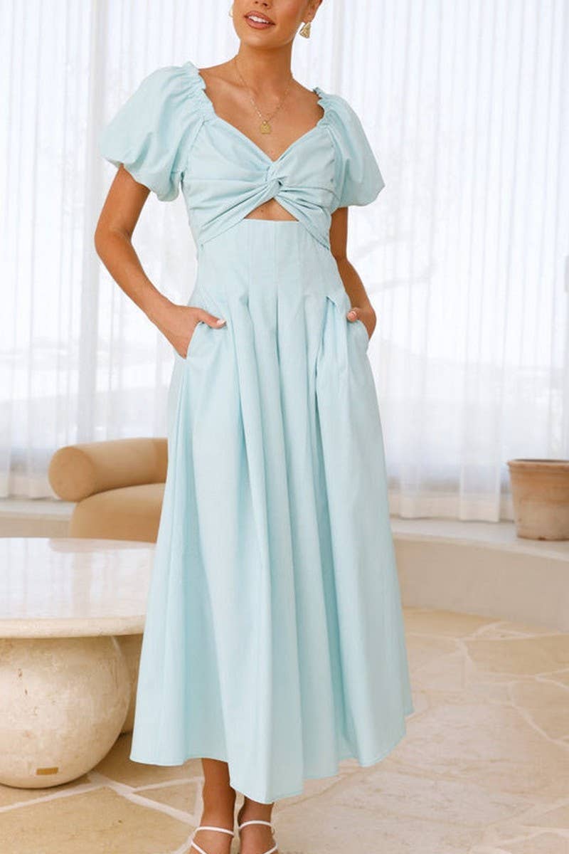 CWDMD5652_SOLID V-NECK LONG PUFF SLEEVE SLIM MAXI DRESS