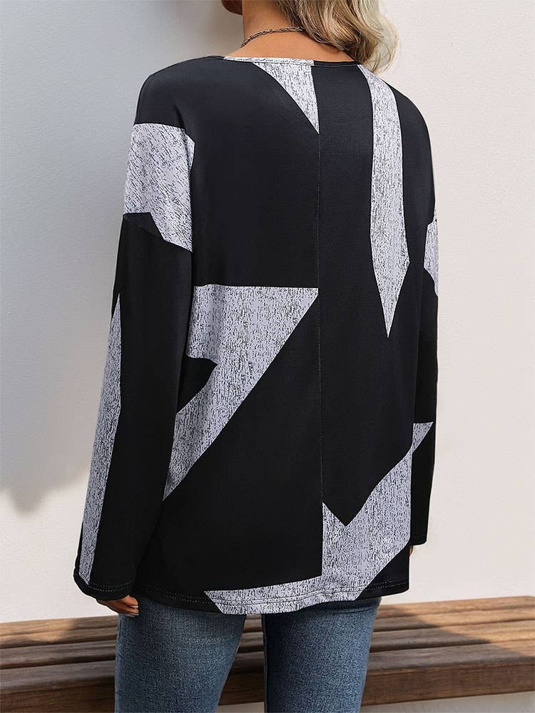 LONG SLEEVE CASUAL LOOSE COLOR MATCHING TOP