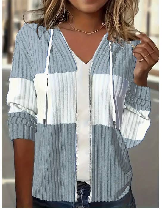 KNIT RIBBED ZIPPER DRAWSTRING HOODED BLAZER