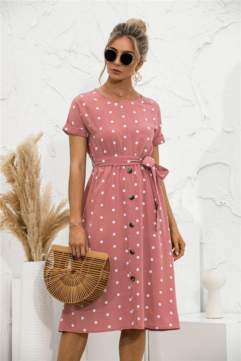 POLKA DOT BREASTED LACE UP DRESS_CWDSD2477