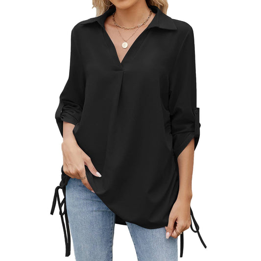 Solid color lapel loose mid-sleeved chiffon shirt