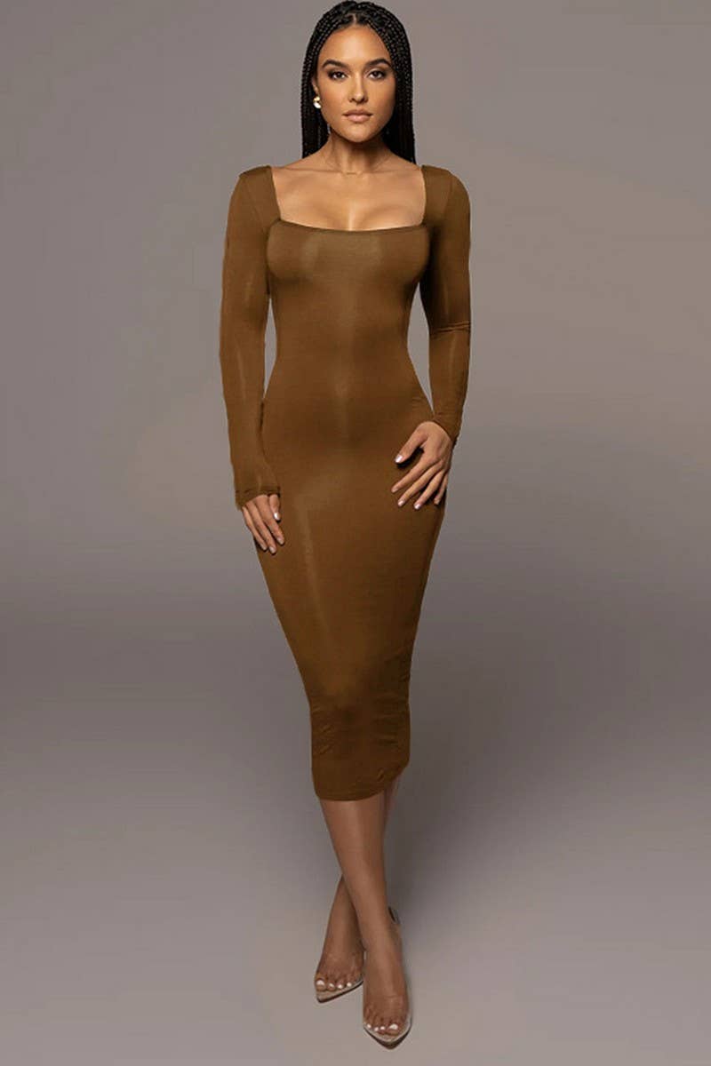 CWDMD4902_SOLID COLOR SLIM SQUARE NECK LONG SLEEVE DRESS