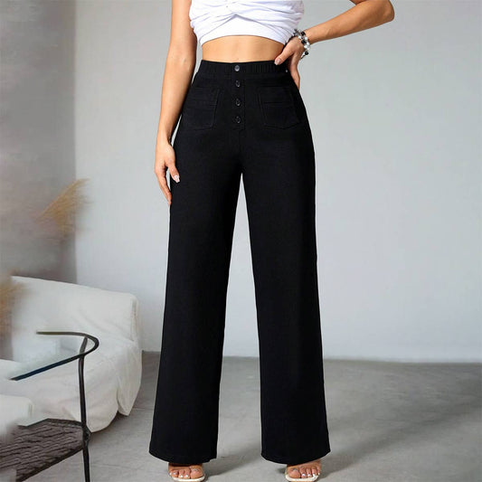 High-waisted button elastic straight-leg pants