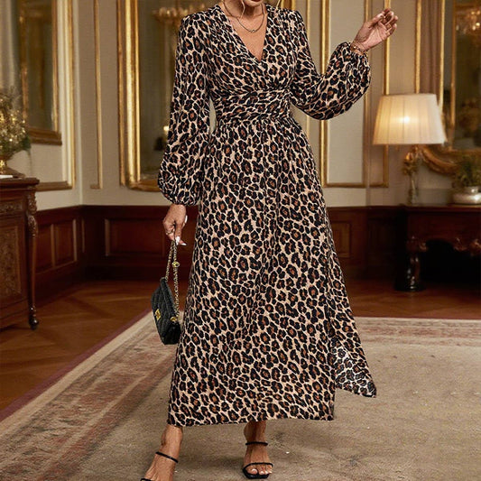 Lantern sleeve high slit V-neck dress