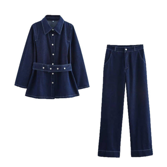 Loose belt top high-waisted trousers set