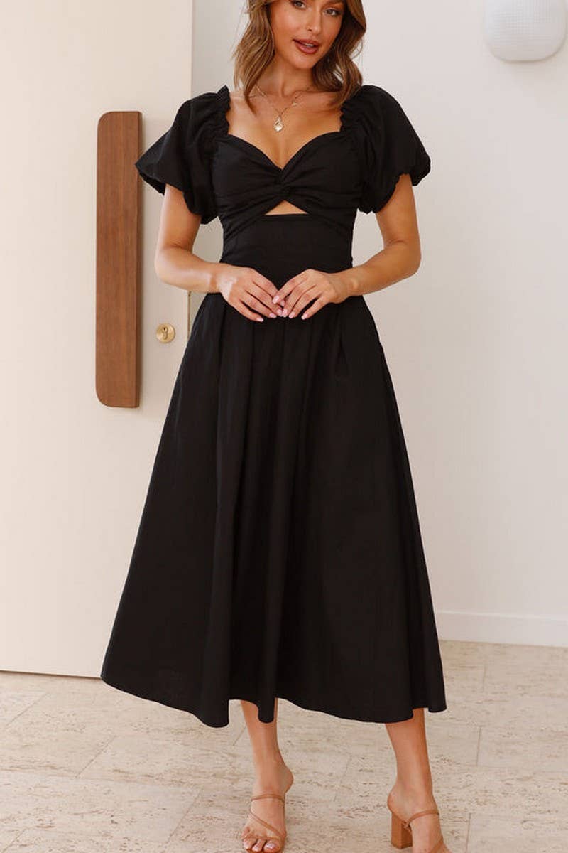 CWDMD5652_SOLID V-NECK LONG PUFF SLEEVE SLIM MAXI DRESS