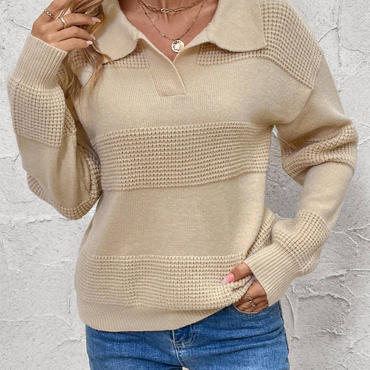 Long sleeve lapel solid color sweater woman