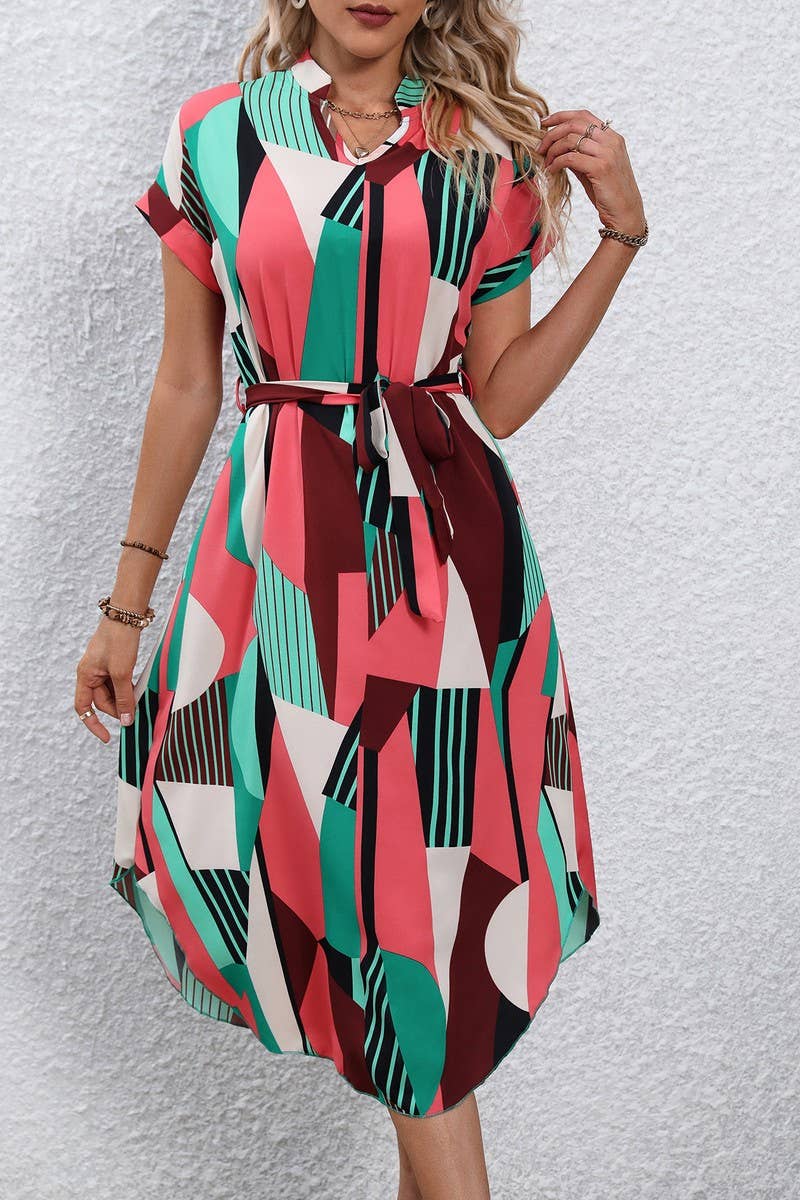 CWDSD7880_COLORBLOCK BELTED SHORT SLEEVE MIDI DRESS