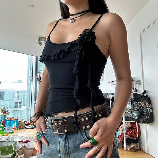 Sexy double-layer patchwork ruffled halter top