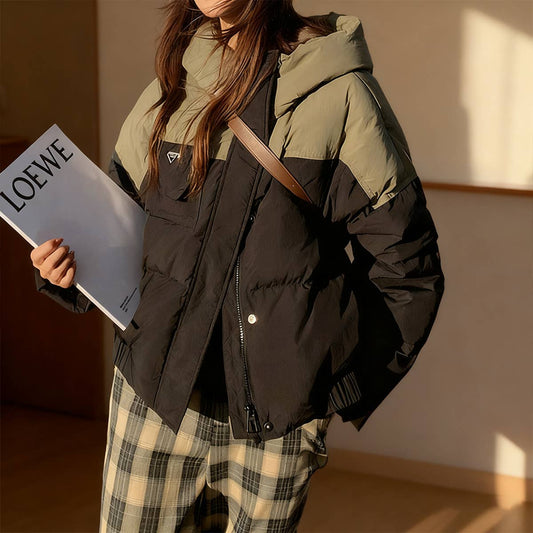 Short hooded,color-blocking,thick loose jacket
