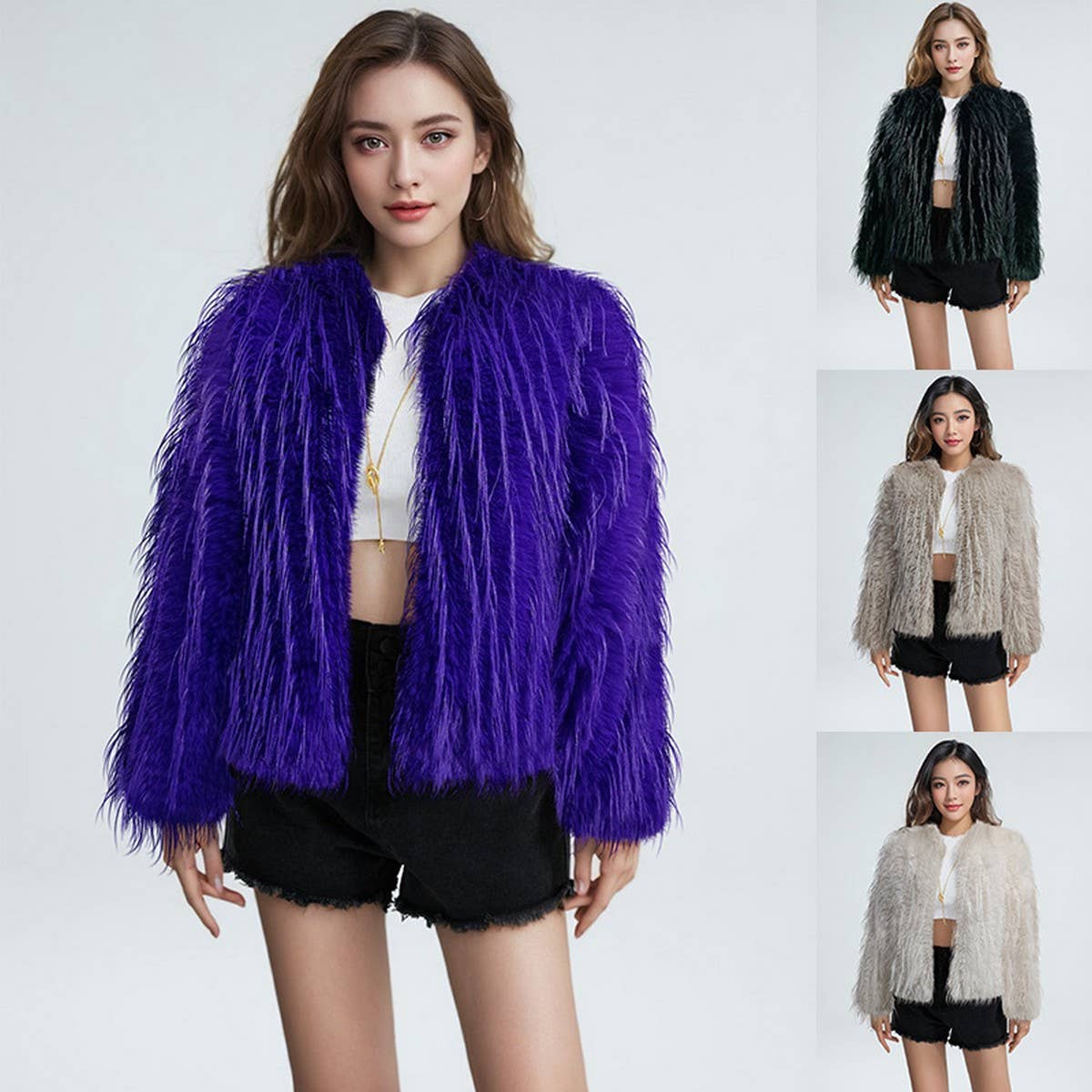 Fringed Faux Fur Short Coat Women Solid Color