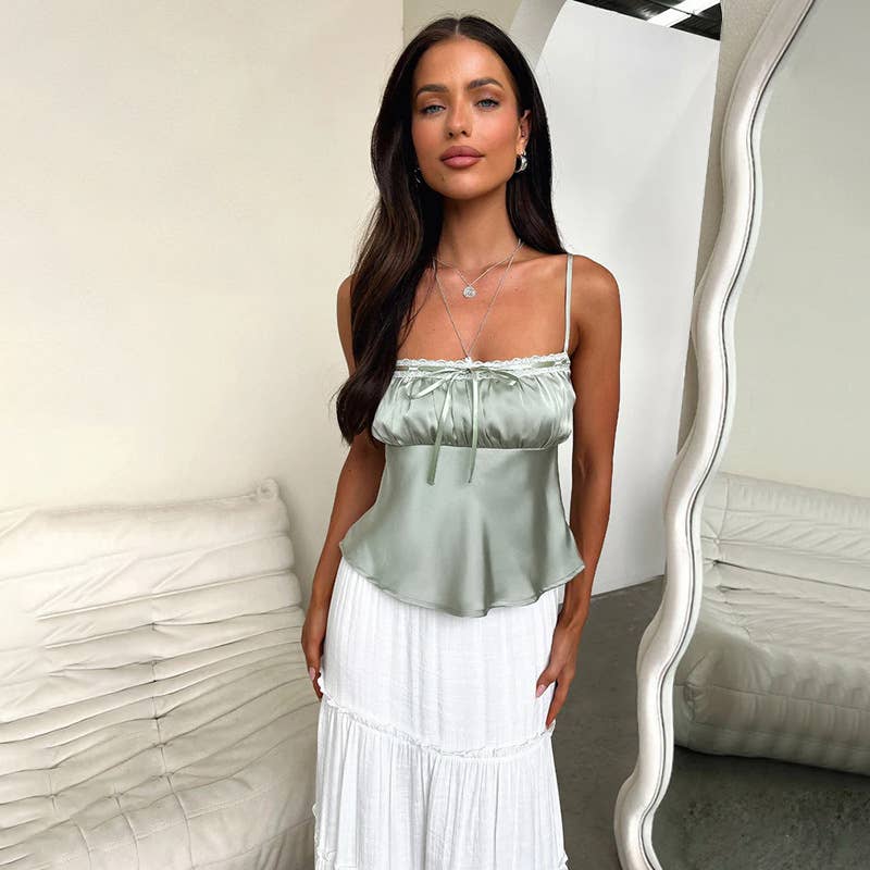 Sexy drawstring satin casual pleated tank top