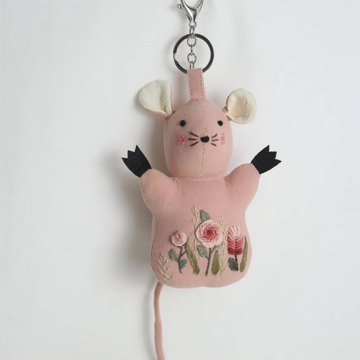 Hand-Embroidered Pink Mouse Plush Charm
