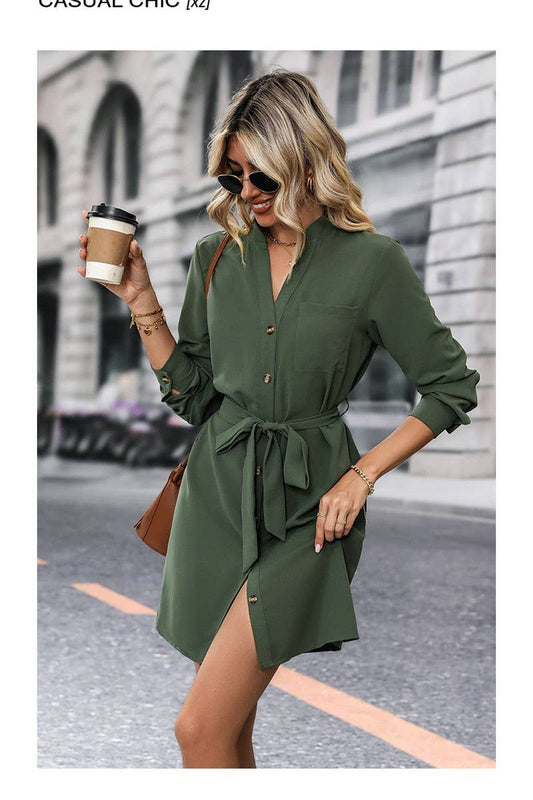 CWDSD5910_SOLID COLOR BUTTON TIE LONG SLEEVE DRESS