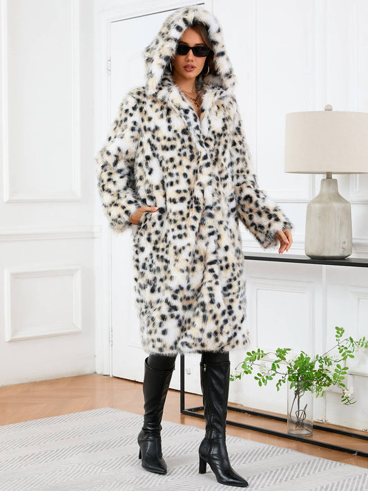 Leopard hooded long-sleeved mid-length warm coat